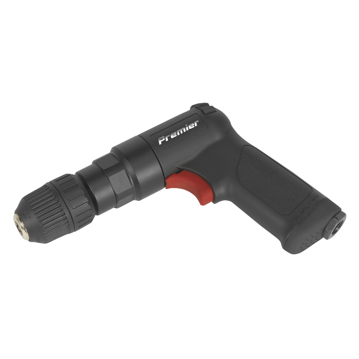 A black and red cordless drill with a keyless chuck, the brand name "Sealey" printed on the top handle, featuring lightweight housing and named the Air Pistol Drill Ø10mm Composite Reversible - Premier - SA620.