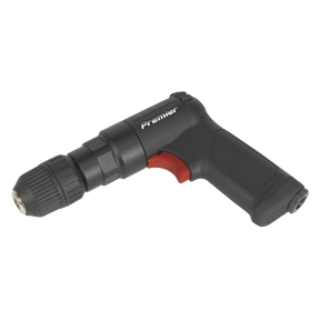 A black and red cordless drill with a keyless chuck, the brand name "Sealey" printed on the top handle, featuring lightweight housing and named the Air Pistol Drill Ø10mm Composite Reversible - Premier - SA620.