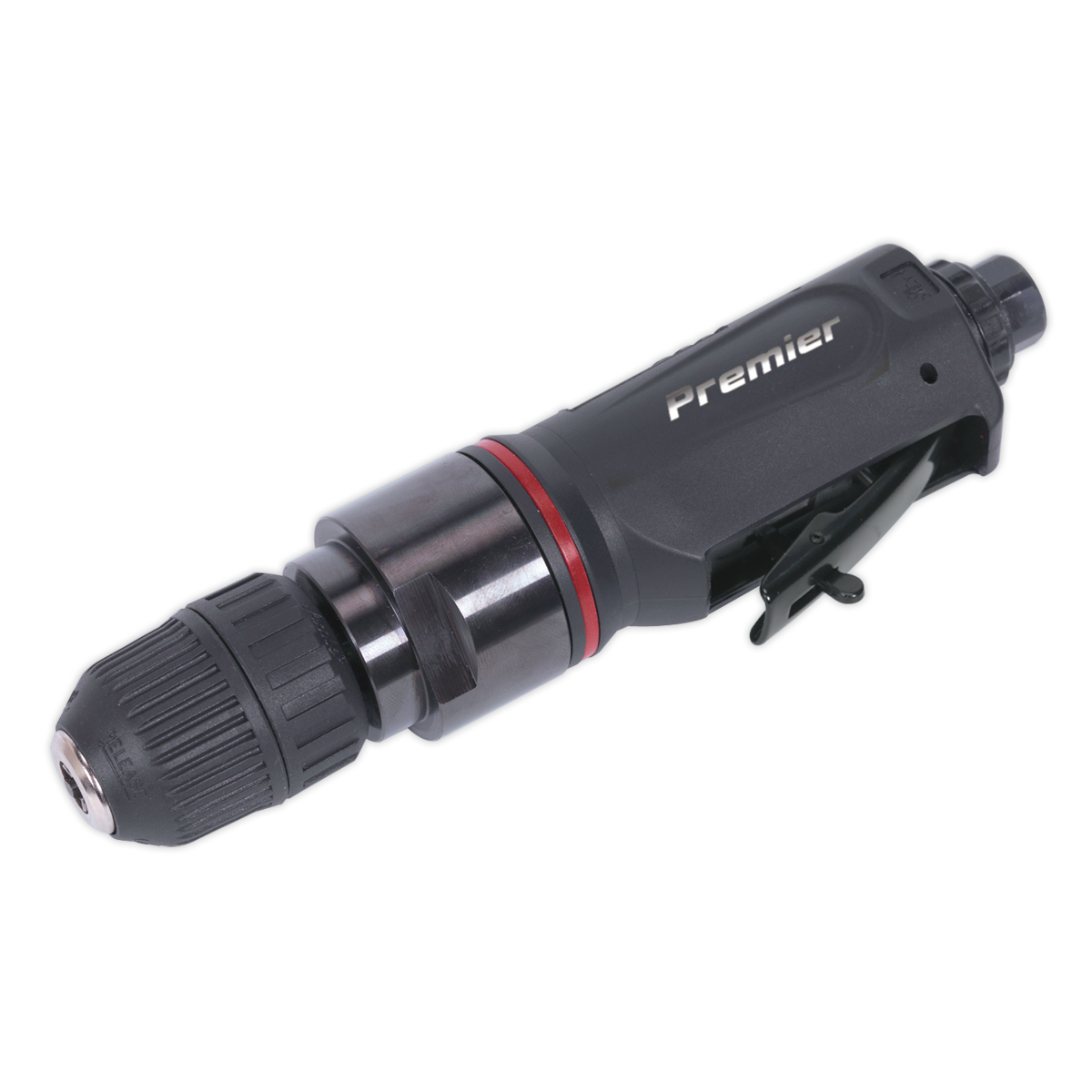 A black handheld power drill attachment from Sealey, labeled "Air Drill Straight with Ø10mm Keyless Chuck Premier - SA622," featuring a textured grip, a metal chuck, and a reliable safety trigger.