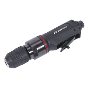 A black handheld power drill attachment from Sealey, labeled "Air Drill Straight with Ø10mm Keyless Chuck Premier - SA622," featuring a textured grip, a metal chuck, and a reliable safety trigger.