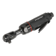 The Sealey Air Ratchet Wrench Compact 3/8" Sq Drive Premier - SA631 features a sleek black design with a red accent band around the middle, a 3/8-inch drive head, and a trigger mechanism. Its compact build is equipped with an air motor for powerful performance and a composite cover that ensures durability.