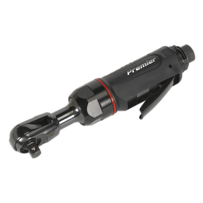 The Sealey Air Ratchet Wrench Compact 3/8" Sq Drive Premier - SA631 features a sleek black design with a red accent band around the middle, a 3/8-inch drive head, and a trigger mechanism. Its compact build is equipped with an air motor for powerful performance and a composite cover that ensures durability.