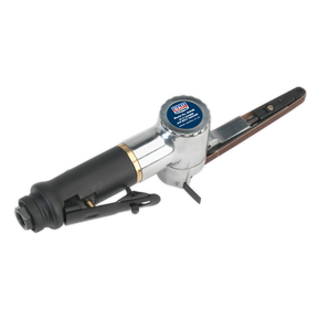 Image of an Air Belt Sander 10 x 330mm - SA635 with a black handle, aluminium housing, and exposed sanding belt. The label on top reads “Sealey” and includes specification details. Notice the sturdy sanding arm that ensures precision during use, making it easy to fit replacement belts when needed.