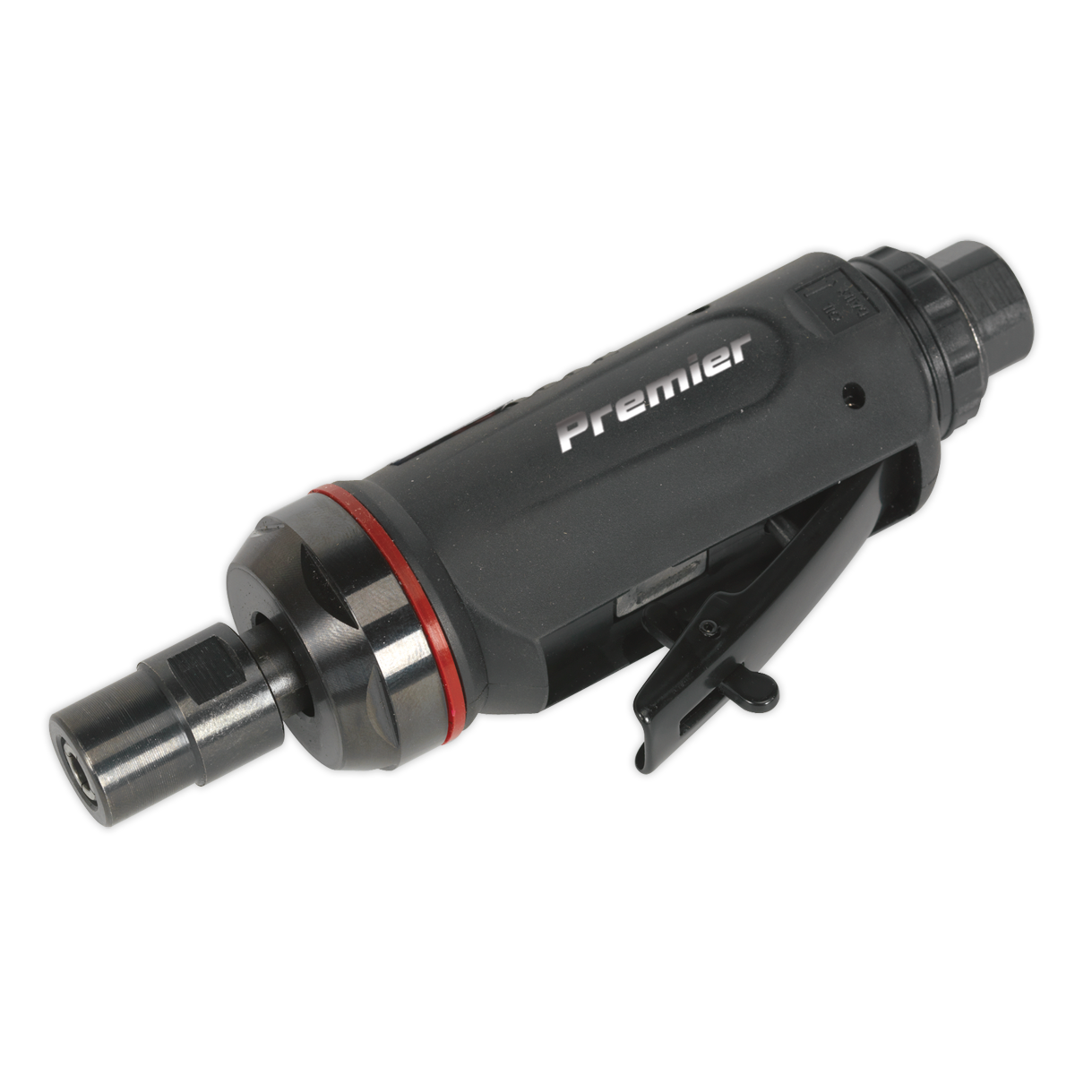 A black and silver Sealey Air Die Grinder Midi Size Straight Premier - SA652 with a red accent and a composite cover, featuring an air motor, designed for industrial tightening applications.