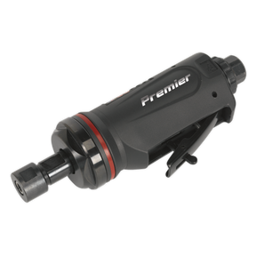 A black and red handheld pneumatic tool, the Sealey Air Die Grinder Maxi Size Straight Premier - SA654, equipped with an air motor, perfect for use in a professional workshop.