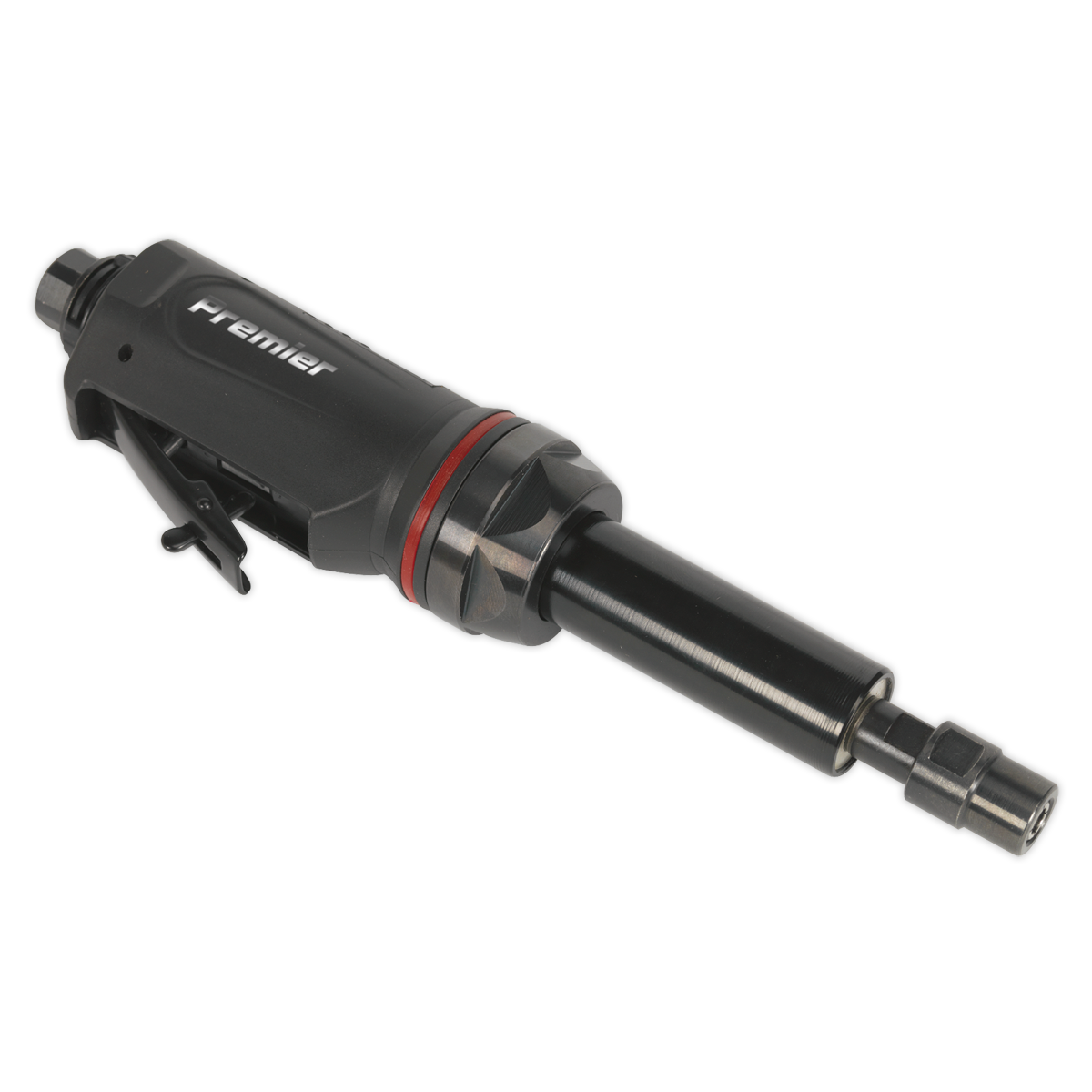 An image of a Sealey brand Air Die Grinder Maxi Size 260mm Long Reach (Model SA656) featuring a sleek black and red design with an extended shank for precision work.