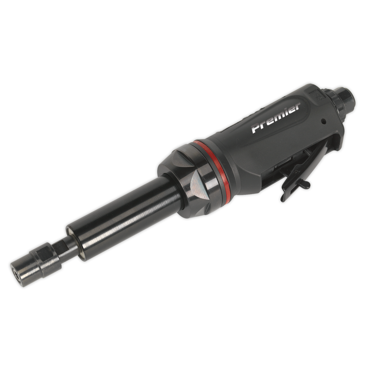 The Sealey Air Die Grinder Maxi Size 260mm Long Reach Premier - SA656 features a striking black and red design, emblazoned with the Sealey logo, equipped with an air motor for enhanced performance and operational lever.