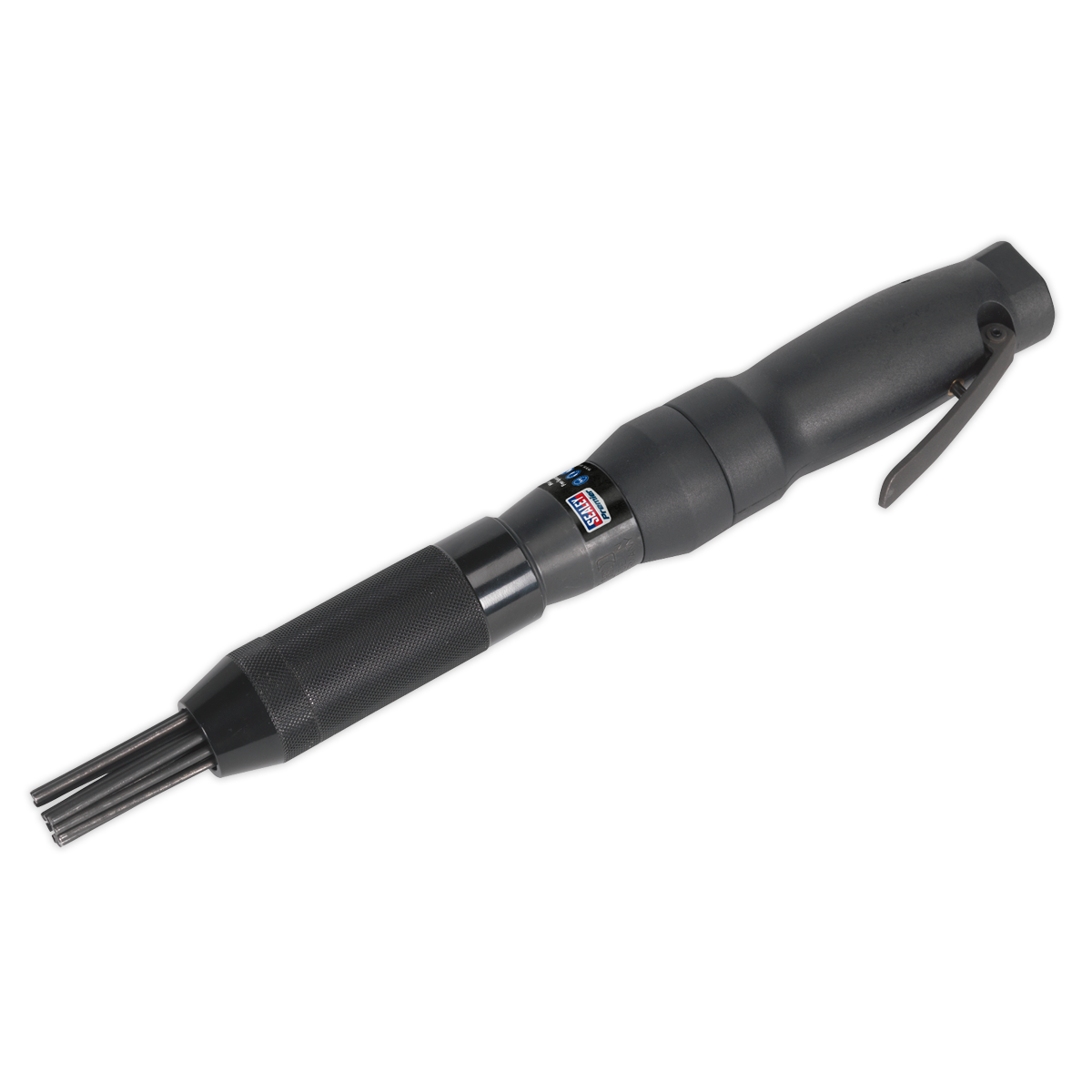 The Sealey Air Needle Scaler Composite - SA661 is a black pneumatic tool equipped with a handle and a cylindrical body featuring multiple chisel-like prongs at one end, making it ideal for cleaning heavy paint from metal surfaces.