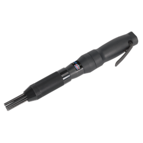 The Sealey Air Needle Scaler Composite - SA661 is a black pneumatic tool equipped with a handle and a cylindrical body featuring multiple chisel-like prongs at one end, making it ideal for cleaning heavy paint from metal surfaces.