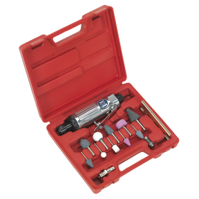 A red plastic carrying case containing various grinding points and polishing attachments along with a Sealey Air Die Grinder Kit 16pc - SA67.