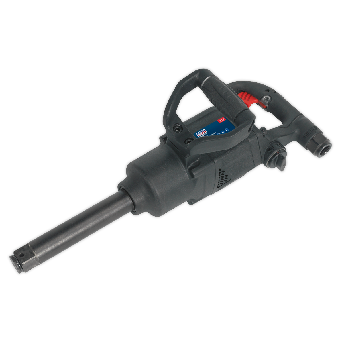 The Sealey Air Impact Wrench 1"Sq Drive Twin Hammer - Compact - SA686 features a professional-grade design with a black and gray body, ergonomic handle, twin hammer function, and a metal torque delivery shaft.