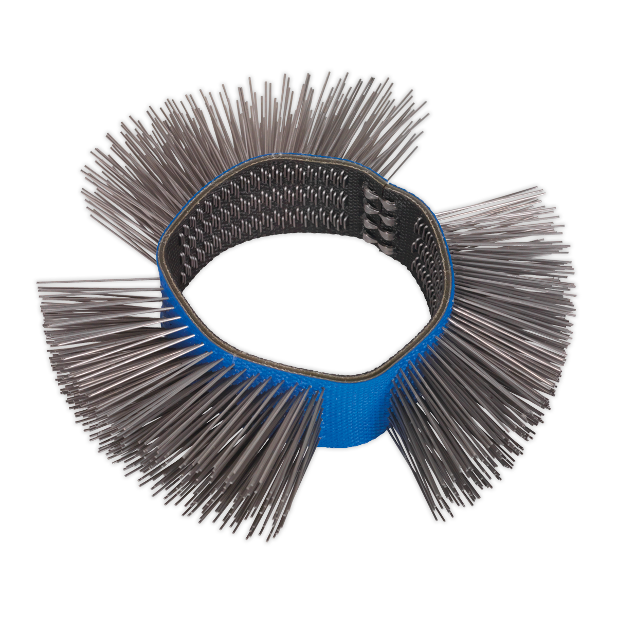 A blue, circular metal brush with numerous fine bristles extending outward from the perimeter, known as the Straight Wire Wheel Ø100mm for SA695 (Model No. SA695WS) by Sealey, part of the Smart Eraser Kit.