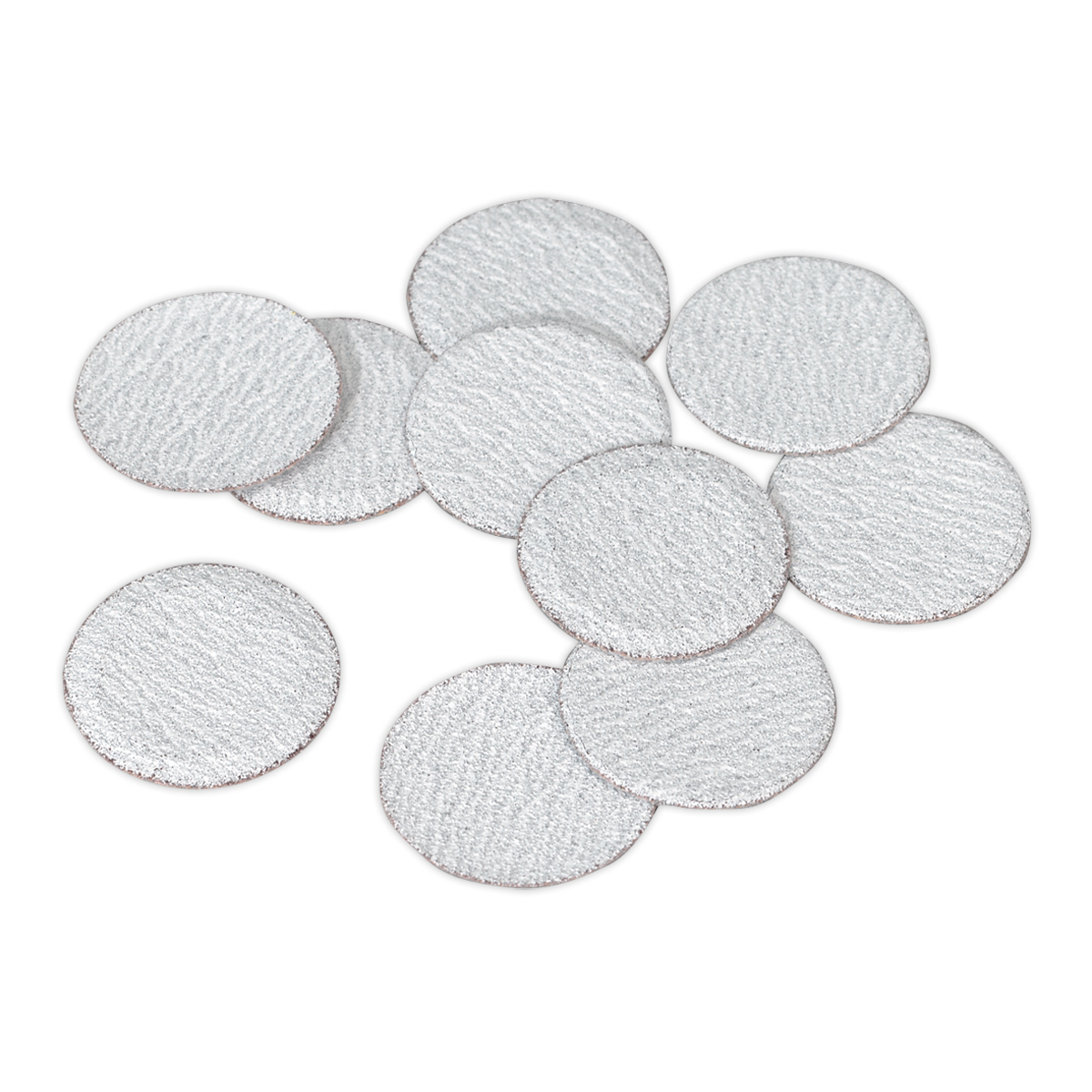 A group of Sealey Sanding Discs Ø50mm 120 Grit (Pack of 10 - SA701D120G) piled together, resembling a stack of round, white textured pads.