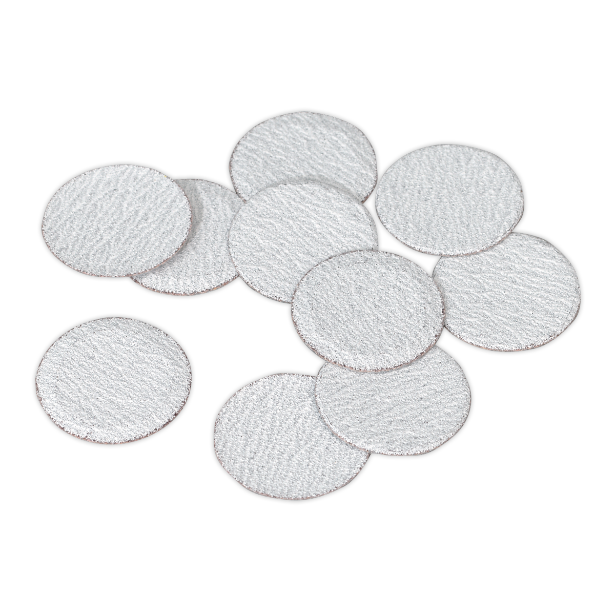 A cluster of Sealey's Sanding Disc Ø50mm 80Grit Pack of 10 - SA701D80G, round and textured white adhesive pads arranged in a slightly overlapping formation, resembling sanding discs.