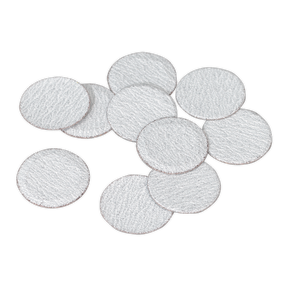 A cluster of Sealey's Sanding Disc Ø50mm 80Grit Pack of 10 - SA701D80G, round and textured white adhesive pads arranged in a slightly overlapping formation, resembling sanding discs.