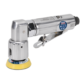 The Sealey Air Orbital Sander Disc Ø50mm - SA70 is a lightweight sanding tool with an aluminum housing, featuring a metallic pneumatic angle polisher, a yellow and black polishing pad, hand grip, and lever for precise operation.