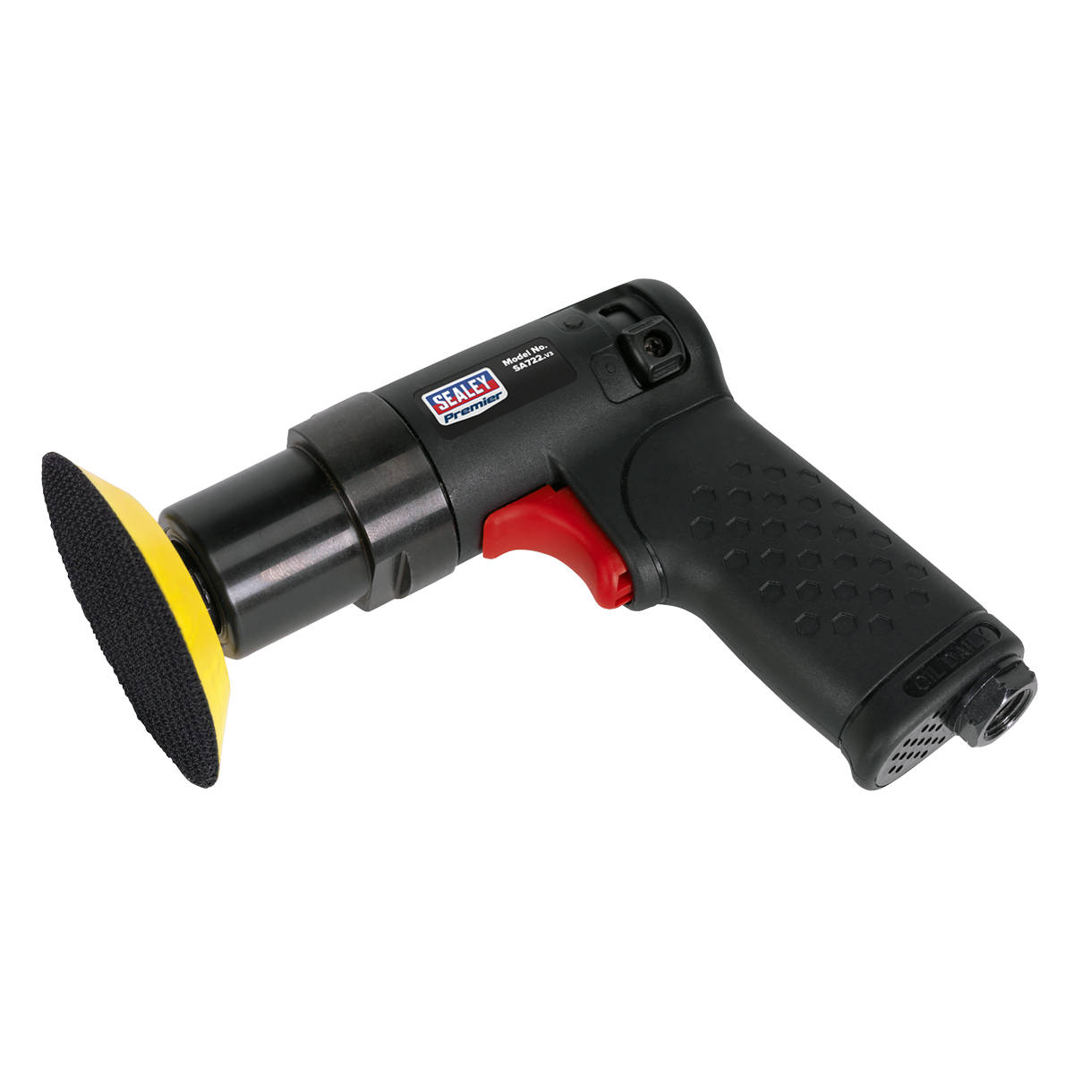 Introducing the Sealey Premier Composite Mini Air Polisher Ø75mm - SA722, featuring a black grip handle, red trigger, and a round yellow sanding pad with adjustable speed control.