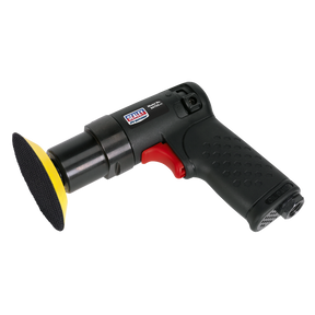 Introducing the Sealey Premier Composite Mini Air Polisher Ø75mm - SA722, featuring a black grip handle, red trigger, and a round yellow sanding pad with adjustable speed control.