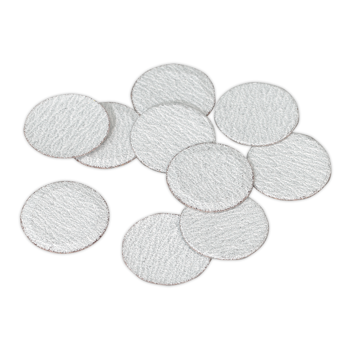 A stack of Ø75mm 60-grit round, white, textured sanding discs from Sealey (Pack of 10 - SA722D60G) on a white background.