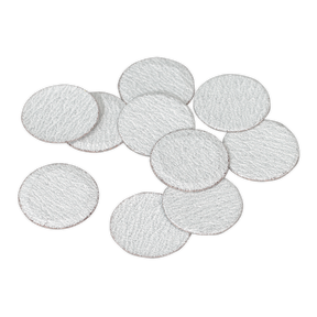 A stack of Ø75mm 60-grit round, white, textured sanding discs from Sealey (Pack of 10 - SA722D60G) on a white background.