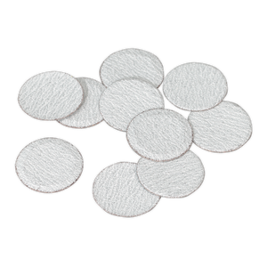 A stack of Ø75mm 60-grit round, white, textured sanding discs from Sealey (Pack of 10 - SA722D60G) on a white background.