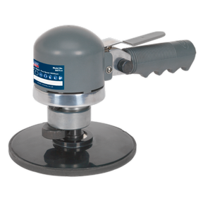 The Sealey Air Sander Ø150mm Random Orbital - SA77 is a handheld power tool with a lightweight aluminum body, a black circular base, and a textured gray grip handle. It features a 150mm hook-and-loop backing pad and has a blue label showcasing product information and branding.