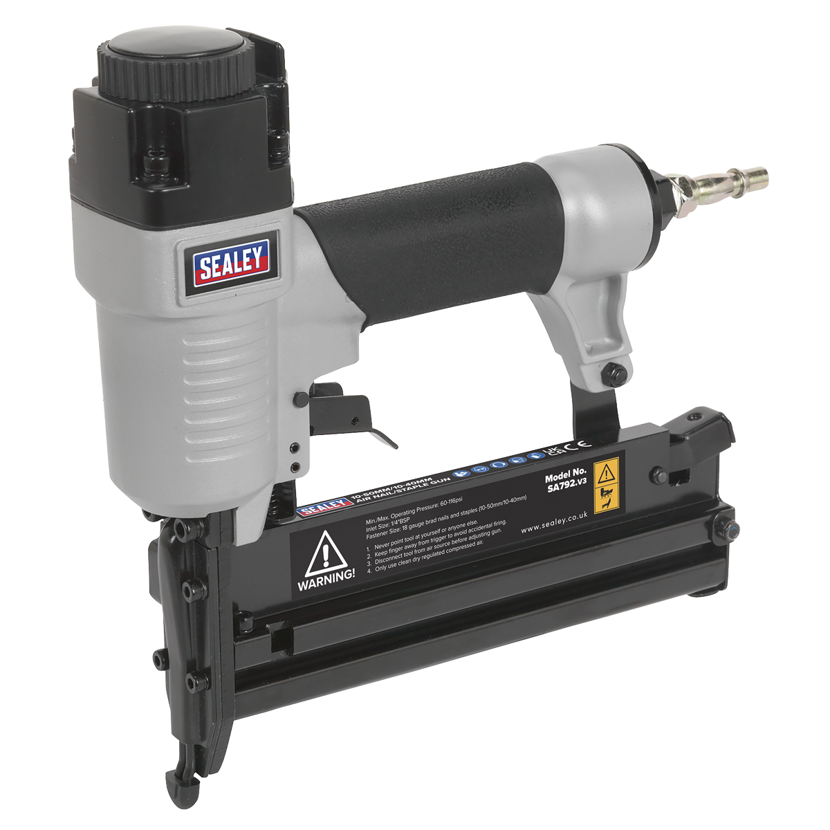 The Sealey Air Nail/Staple Gun SA792, with a 10-50mm nail capacity and a 10-40mm staple capacity, features a black handle, an air hose connector at the end, a built-in safety trigger device for added security, and includes a safety warning.