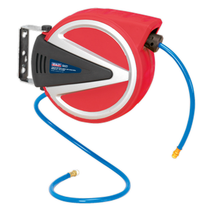 The Sealey Retractable Air Hose Reel 15m Ø8mm ID - PU Hose - SA814 is a wall-mounted unit with a heavy-duty polypropylene casing, showcasing a red and silver design, and equipped with a double braided polyurethane hose.