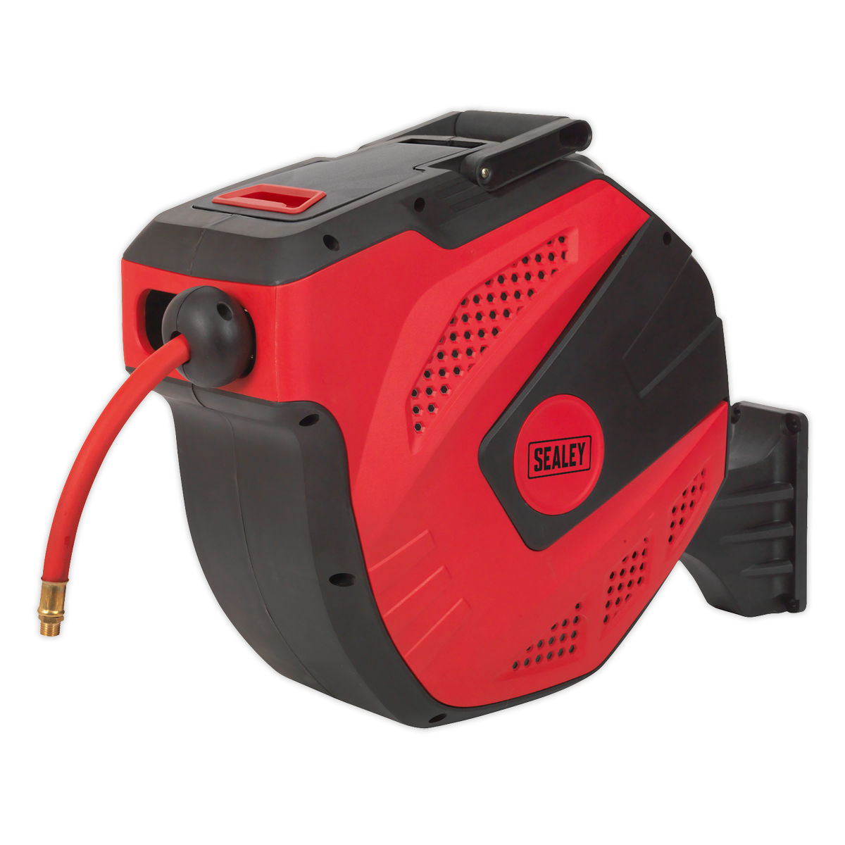 The Sealey Air Hose Reel Auto-Rewind Control 20m Ø10mm ID - Rubber Hose - SA823 is a red and black retractable air hose reel, specifically designed for wall mounting. It features an auto-layering mechanism and a visible hose end, making it ideal for professional garages and workshops.