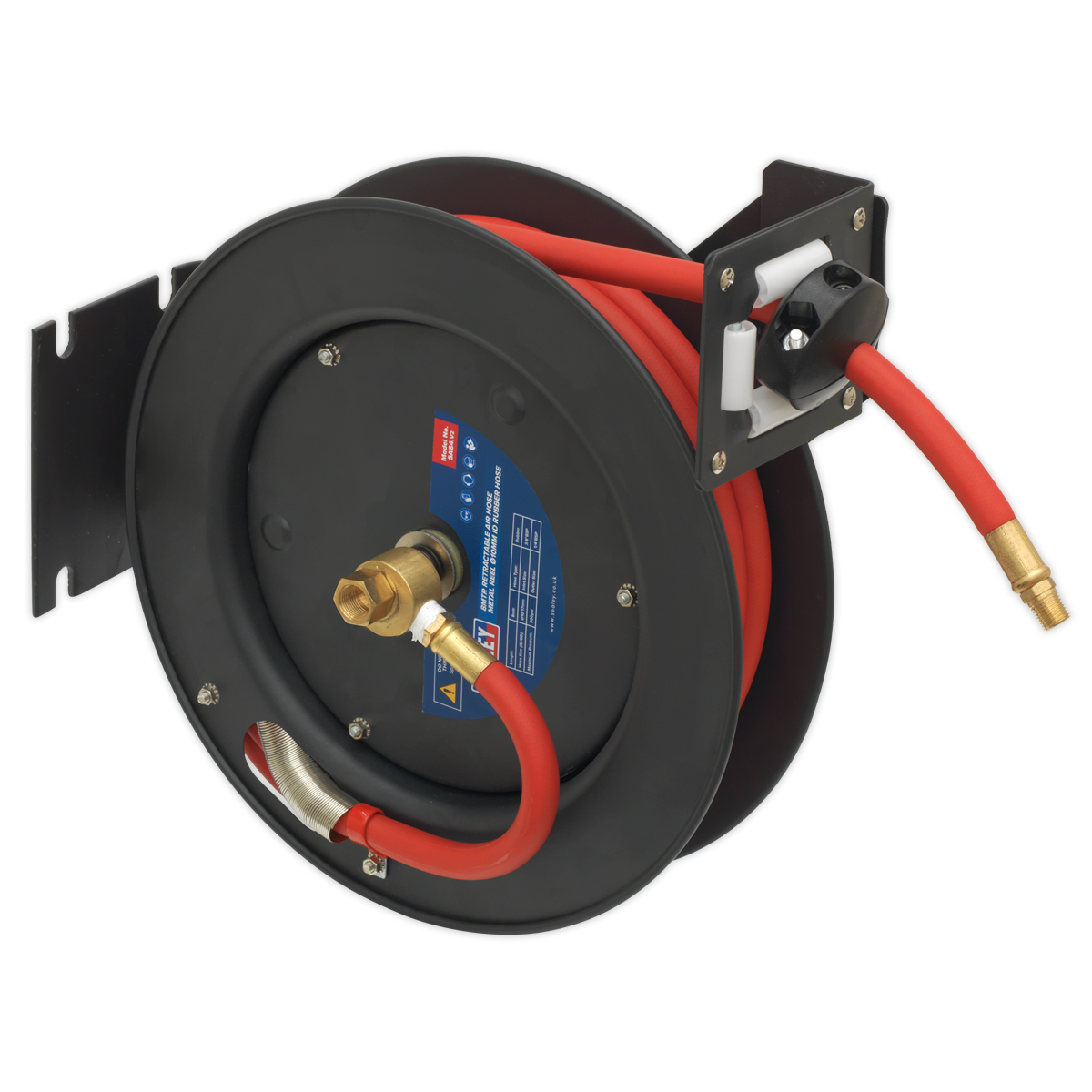 Introducing the Sealey Retractable Air Hose Steel Reel (SA84), equipped with an 8m Ø10mm ID rubber hose, this black and red reel is mounted on a corrosion-resistant, heavy-duty steel bracket. It features a brass connector, integrated tension control, and a multi-position ratchet lock.