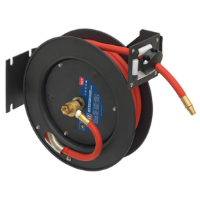 Introducing the Sealey Retractable Air Hose Steel Reel (SA84), equipped with an 8m Ø10mm ID rubber hose, this black and red reel is mounted on a corrosion-resistant, heavy-duty steel bracket. It features a brass connector, integrated tension control, and a multi-position ratchet lock.