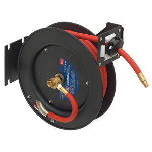 Introducing the Sealey Retractable Air Hose Steel Reel (SA84), equipped with an 8m Ø10mm ID rubber hose, this black and red reel is mounted on a corrosion-resistant, heavy-duty steel bracket. It features a brass connector, integrated tension control, and a multi-position ratchet lock.