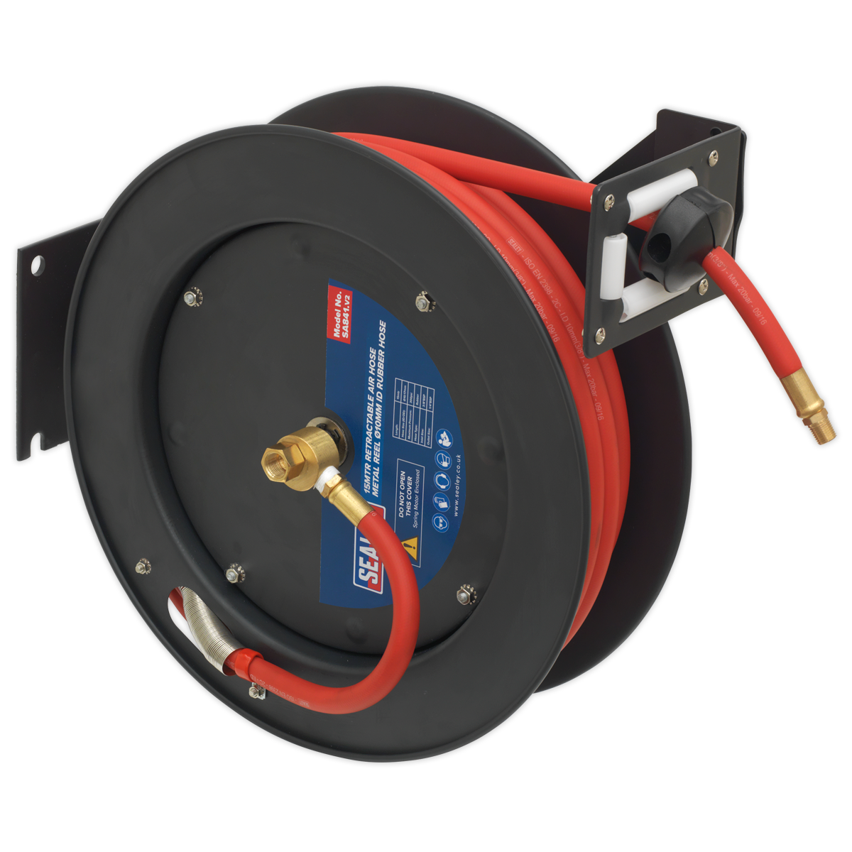 The Sealey Retractable Air Hose Metal Reel SA841 includes a 15m Ø10mm ID rubber hose that comes mounted on a heavy-duty steel bracket. It features a black and red design, a brass fitting, a convenient handle for winding, and a multi-position ratchet lock for versatile use.