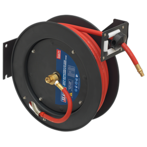 The Sealey Retractable Air Hose Metal Reel SA841 includes a 15m Ø10mm ID rubber hose that comes mounted on a heavy-duty steel bracket. It features a black and red design, a brass fitting, a convenient handle for winding, and a multi-position ratchet lock for versatile use.