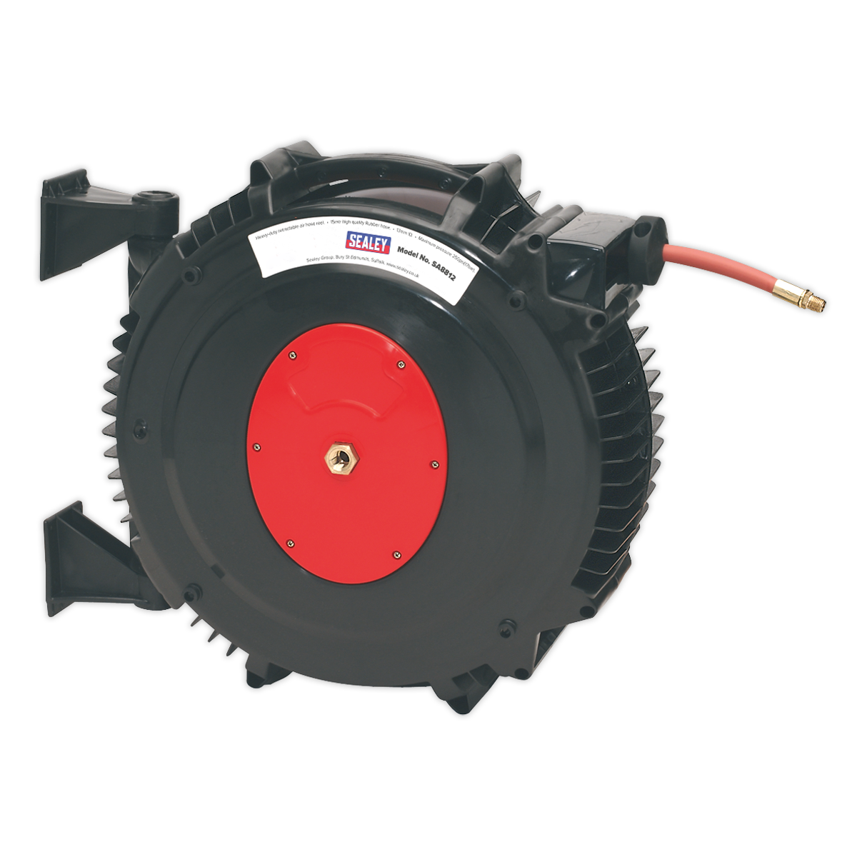 The Sealey Retractable Air Hose Reel 15m Ø13mm ID Rubber Hose - SA8812 is a black and red unit with a mounted bracket and a visible label, featuring a coiled, high-quality rubber hose extending from the right. The durable composite case ensures long-lasting use and it can handle a maximum pressure of 250 psi.