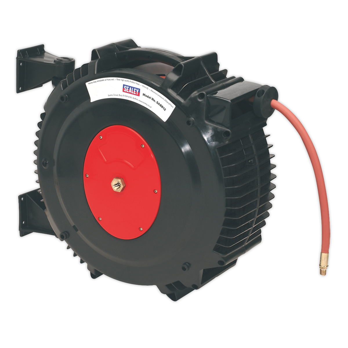 The Sealey Retractable Air Hose Reel 15m Ø13mm ID Rubber Hose - SA8812 features a high-quality rubber hose coiled to the side and comes in a durable black and red composite case that ensures longevity and reliability for various tasks. The reel also includes a convenient wall mount for easy installation.