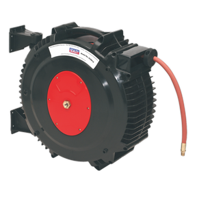 The Sealey Retractable Air Hose Reel 15m Ø13mm ID Rubber Hose - SA8812 features a high-quality rubber hose coiled to the side and comes in a durable black and red composite case that ensures longevity and reliability for various tasks. The reel also includes a convenient wall mount for easy installation.
