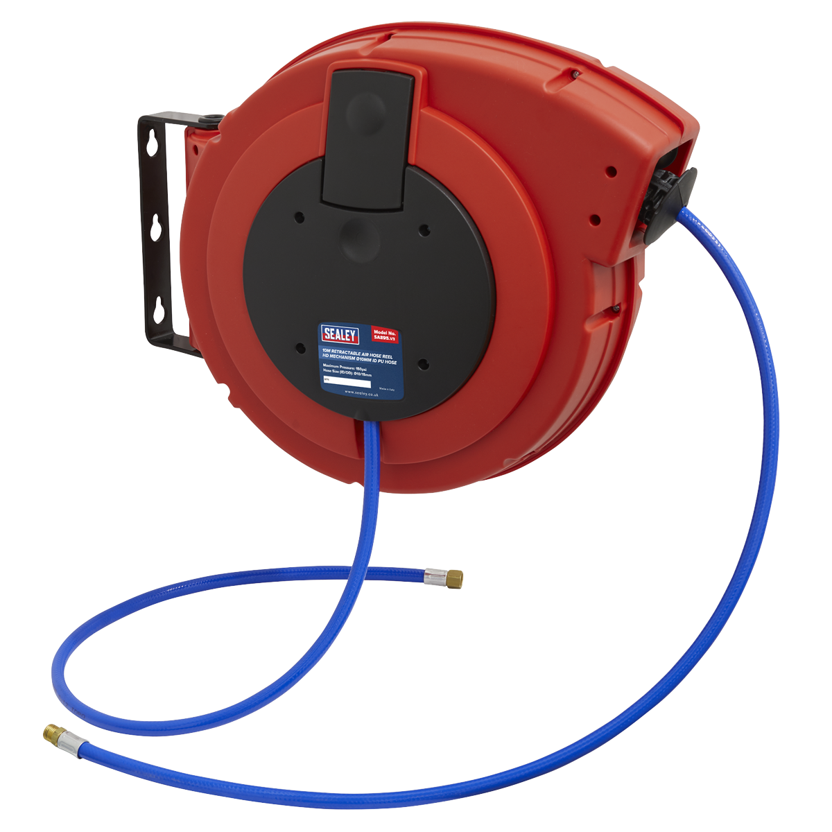 A Sealey Retractable Air Hose Reel HD Mechanism (SA895) equipped with a 10-meter Ø10mm ID blue polyurethane hose, mounted on a bracket.