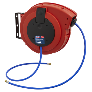 A Sealey Retractable Air Hose Reel HD Mechanism (SA895) equipped with a 10-meter Ø10mm ID blue polyurethane hose, mounted on a bracket.