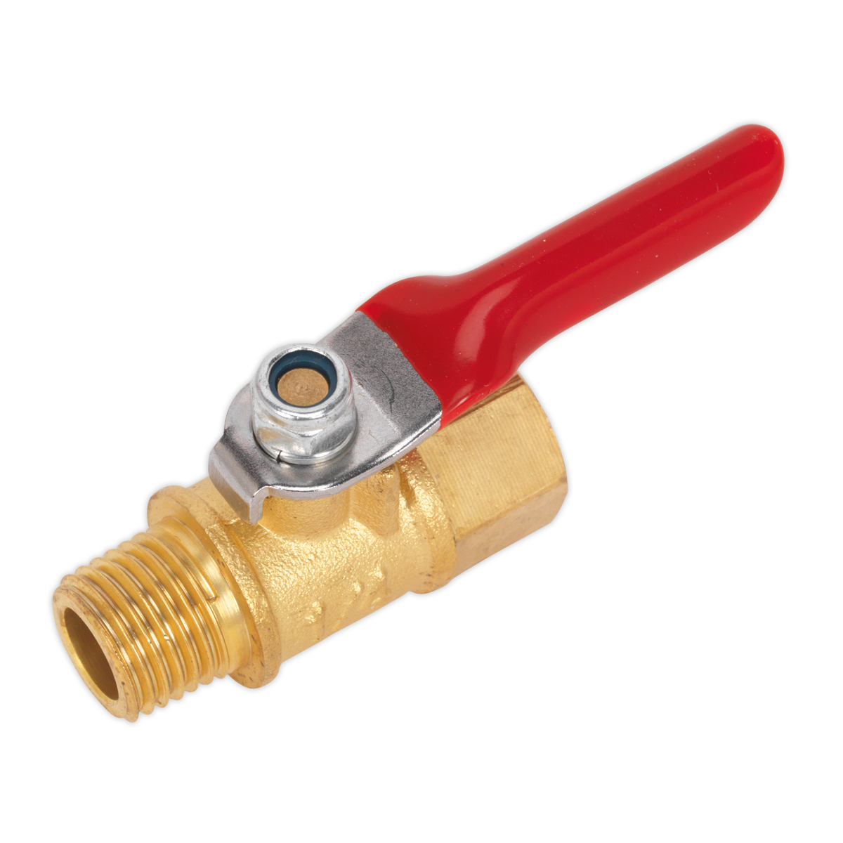 The Sealey Lever Ball Valve 1/4"BSPT (M) x 1/4"BSP (F) - SA906 is a brass ball valve featuring a red lever-style handle, designed for controlling flow in plumbing systems.