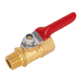 The Sealey Lever Ball Valve 1/4"BSPT (M) x 1/4"BSP (F) - SA906 is a brass ball valve featuring a red lever-style handle, designed for controlling flow in plumbing systems.