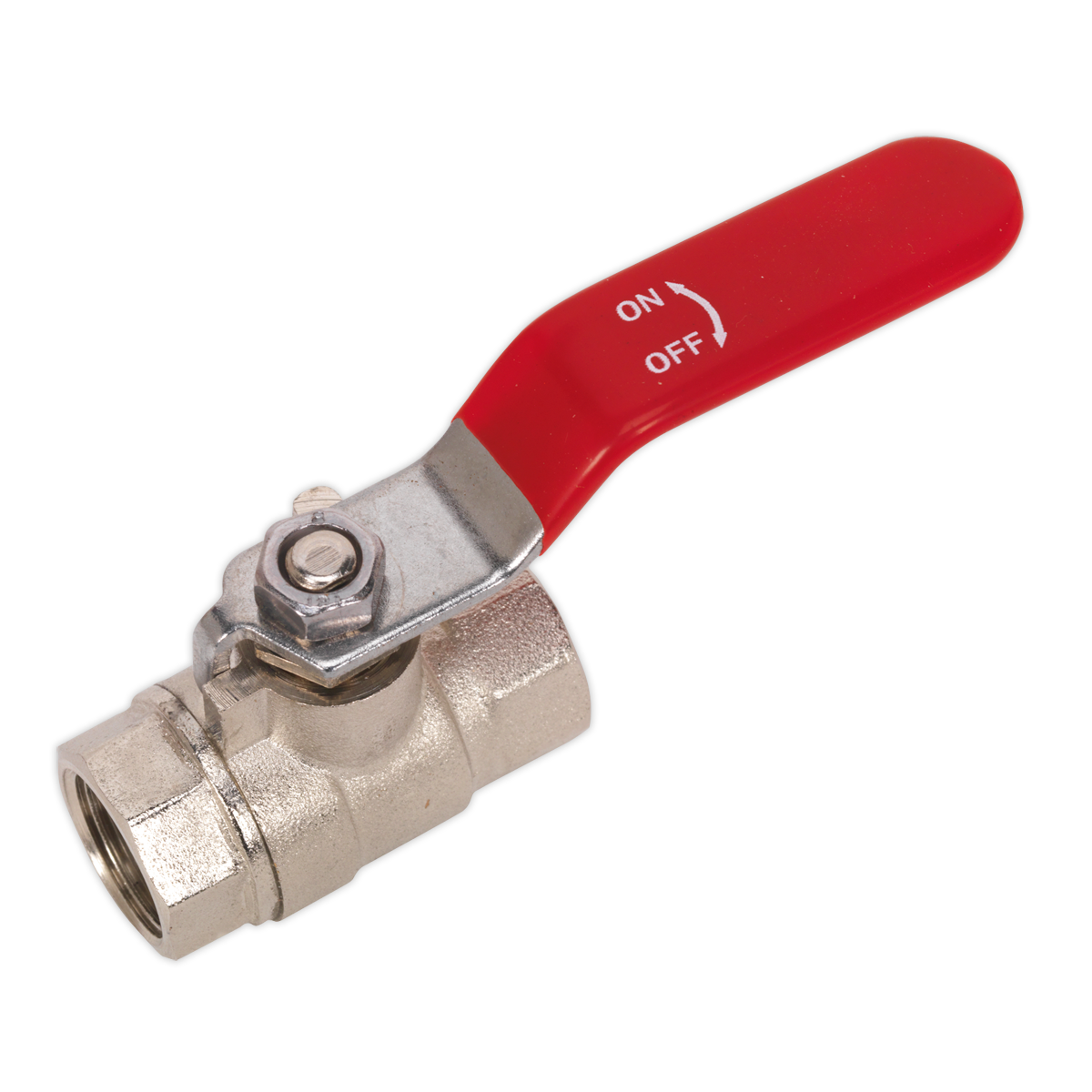 The Sealey SA907 Lever Ball Valve 3/8"BSP (F) x 3/8"BSP (F) features a metal lever style design with a red handle, clearly marked "ON" and "OFF.