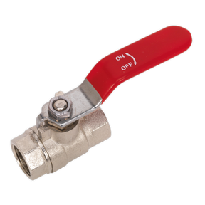 The Sealey SA907 Lever Ball Valve 3/8"BSP (F) x 3/8"BSP (F) features a metal lever style design with a red handle, clearly marked "ON" and "OFF.