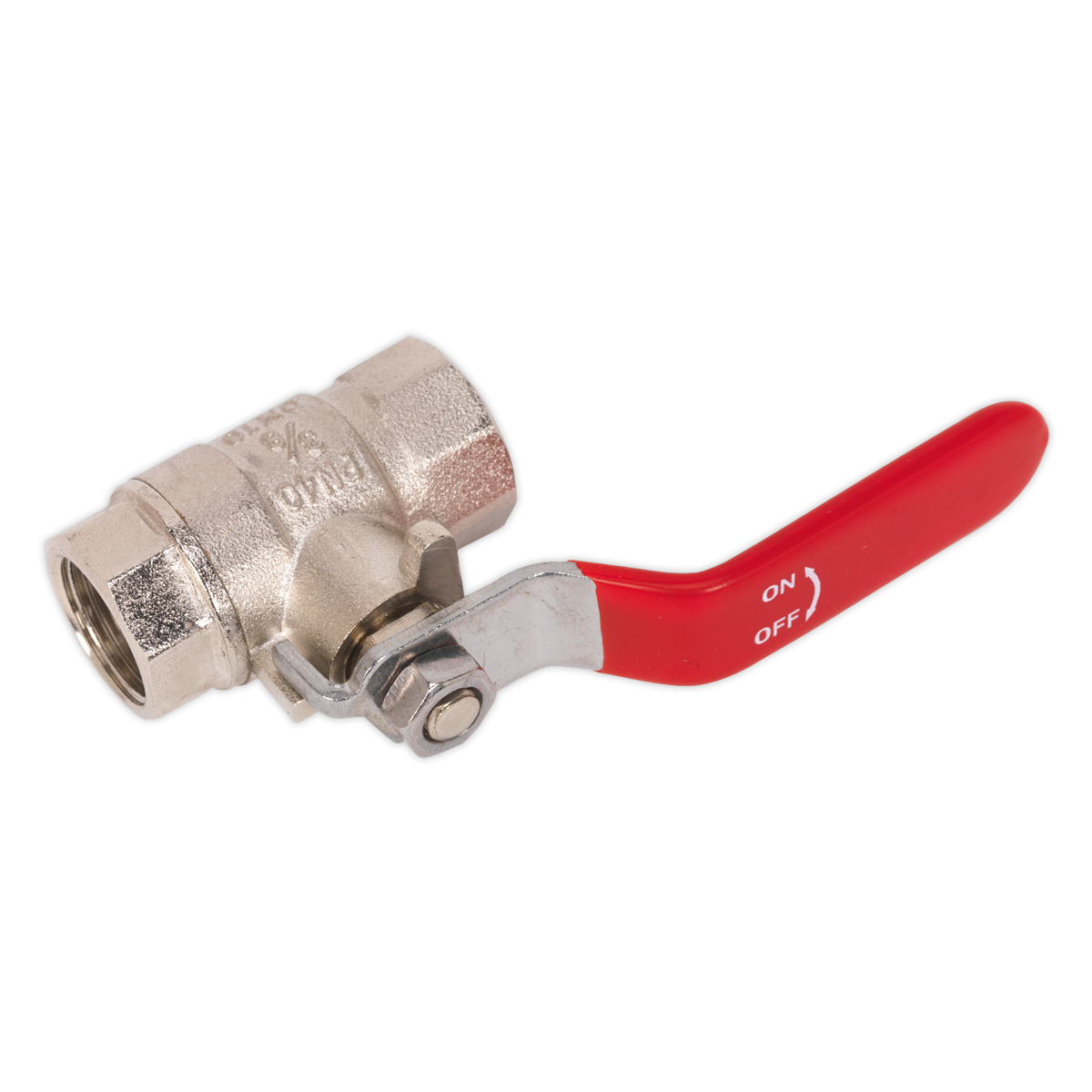 The Sealey Lever Ball Valve 3/8" BSP (F) x 3/8" BSP (F) - SA907 is a lever-style valve with a red lever marked "ON" and "OFF," designed for easy integration with female inlet and outlet connections.