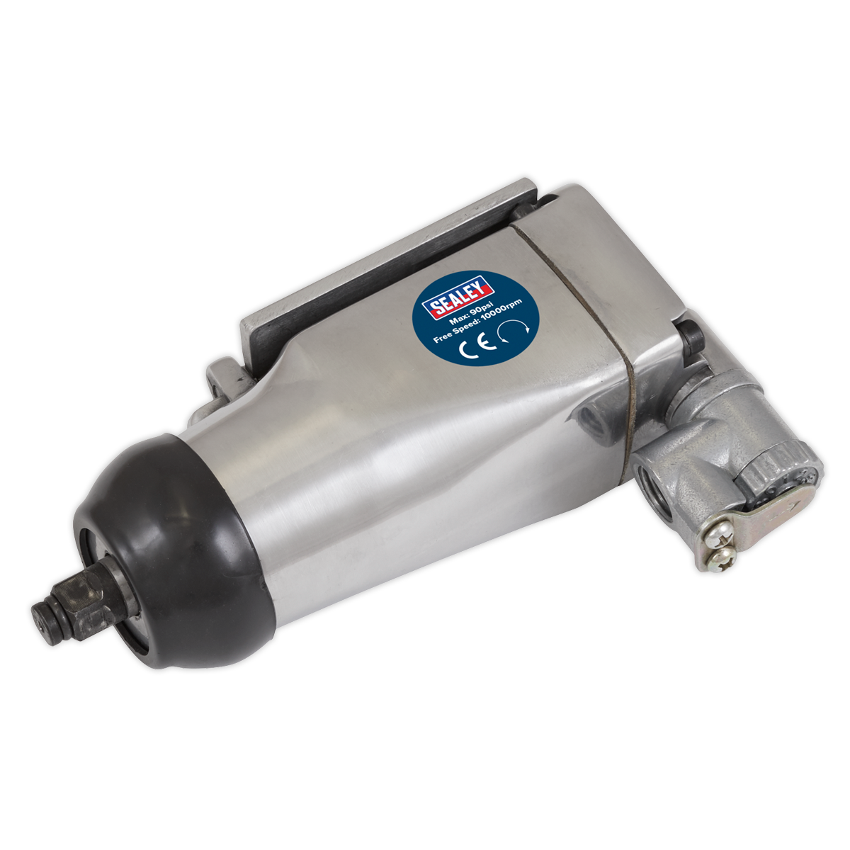 The Sealey Air Impact Wrench 3/8"Sq Drive - SA91, featuring a sleek silver and black design and CE marking, is expertly crafted for efficient engine bay work and delivers impressive fastening torque.