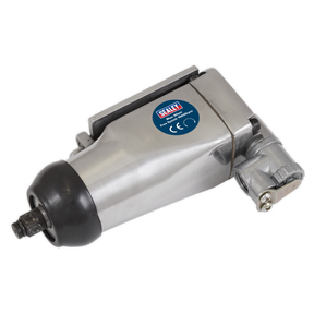 The Sealey Air Impact Wrench 3/8"Sq Drive - SA91, featuring a sleek silver and black design and CE marking, is expertly crafted for efficient engine bay work and delivers impressive fastening torque.