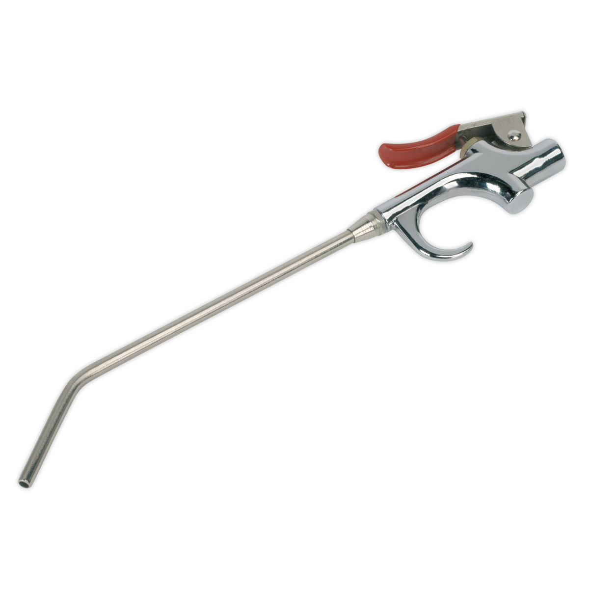 The Sealey SA913M Air Blow Gun Palm Type features a 180mm curved nozzle, a red trigger handle, and a die-cast metal body with a 1/4" BSP air inlet.