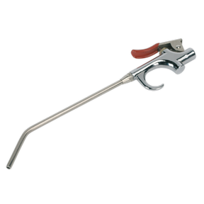 The Sealey SA913M Air Blow Gun Palm Type features a 180mm curved nozzle, a red trigger handle, and a die-cast metal body with a 1/4" BSP air inlet.