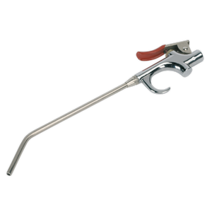 The Sealey SA913M Air Blow Gun Palm Type features a 180mm curved nozzle, a red trigger handle, and a die-cast metal body with a 1/4" BSP air inlet.