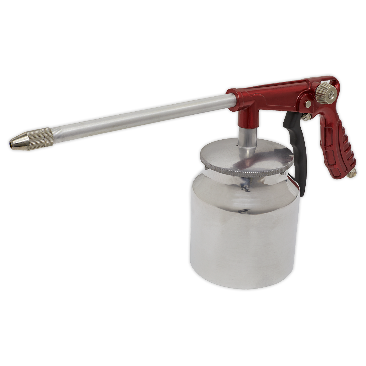 The Paraffin Spray Gun Large Inlet - SA923 by Sealey features a red and black handle, a silver canister, and a precise fluid aperture for seamless application.